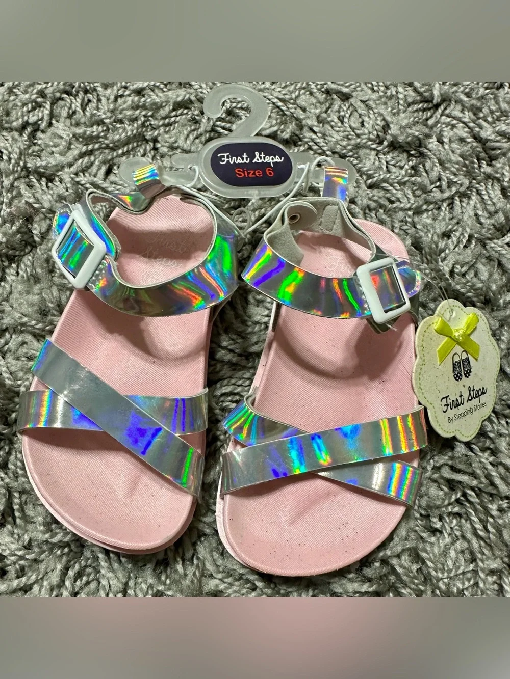 First Steps Girls' Holographic Silver Sandals - Pink Footbed (Size 6)